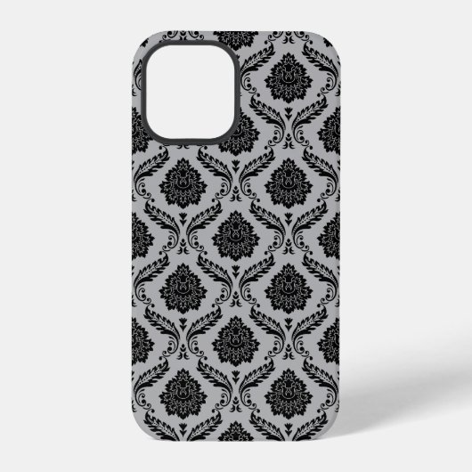 Coque iPhone 12 Pro Motif Damassé Rococo Noir sur Gris (Verso)