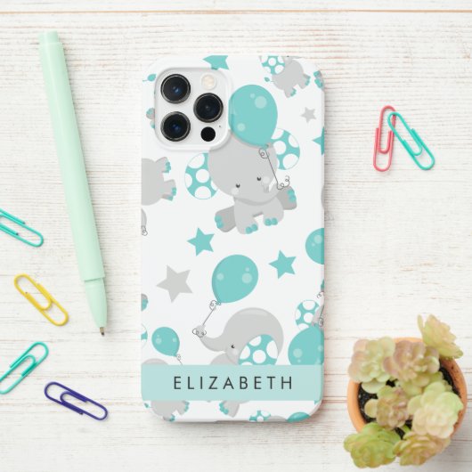 Coque iPhone 12 Pro Motif D'Eléphants, Eléphants Mignons, Votre Nom (Sur le bureau)