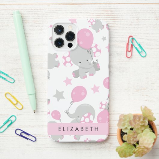 Coque iPhone 12 Pro Motif D'Eléphants, Eléphants Mignons, Votre Nom (Sur le bureau)