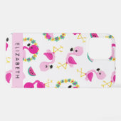 Coque iPhone 12 Pro Motif tropical, Flamants roses, Fleurs, Votre Nom (Verso Horizontal)