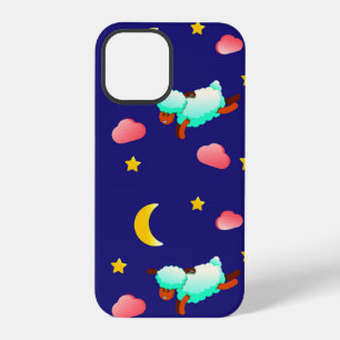 Coque iPhone 12 Pro Moutons volants la nuit avec Lune, Étoiles et Nuag