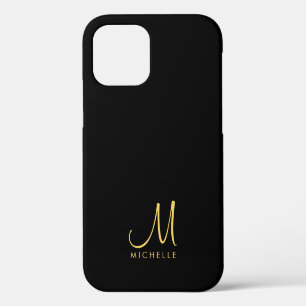 Coque iPhone 12 Pro Nom de monogramme manuscrit noir et or personnalis