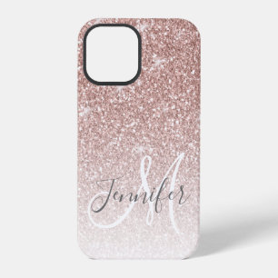 Coque iPhone 12 Pro Nom de monogramme rose doré pailleté rose féminin
