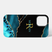 Coque iPhone 12 Pro Nom et monogramme, Agate sarcelle/noir, Texte or/s (Verso Horizontal)
