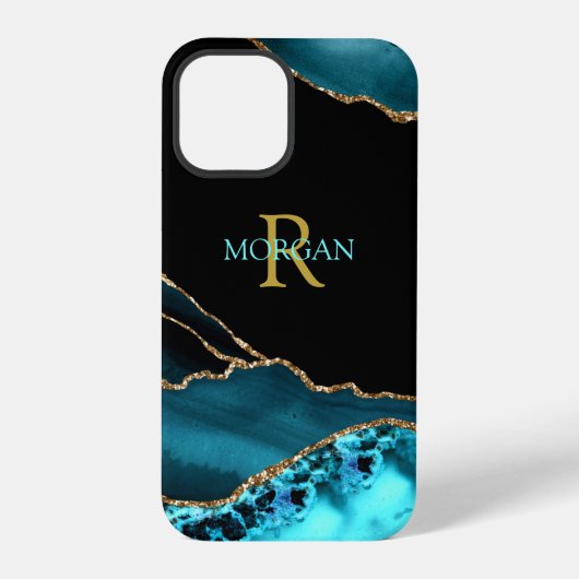 Coque iPhone 12 Pro Nom et monogramme, Agate sarcelle/noir, Texte or/s (Verso)
