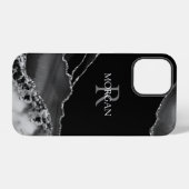 Coque iPhone 12 Pro Nom & Monogramme, Agate noir et blanc, Texte blanc (Verso Horizontal)