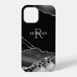 Coque iPhone 12 Pro Nom & Monogramme, Agate noir et blanc, Texte blanc