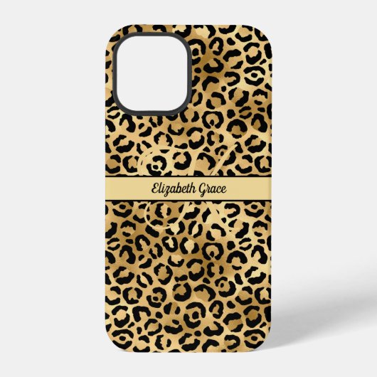 Coque iPhone 12 Pro Nom Monogramme Imprimé Léopard Noir Or Cheetah (Verso)
