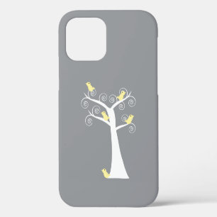 Coque iPhone 12 Pro Oiseaux gris et jaunes fantaisistes dans un arbre