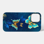 Coque iPhone 12 Pro Papillons dorés sur fond bleu (Verso Horizontal)