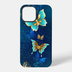 Coque iPhone 12 Pro Papillons dorés sur fond bleu