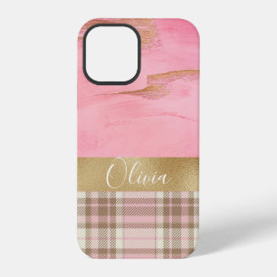 Coque iPhone 12 Pro Plaid Rose Abstrait Aquarelle Nom