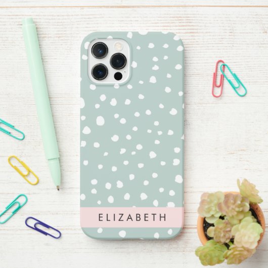 Coque iPhone 12 Pro Points Dalmatiens verts, Spots, Votre Nom (Sur le bureau)