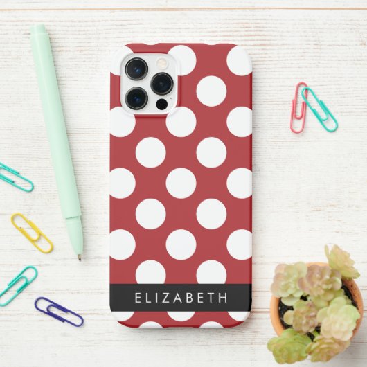 Coque iPhone 12 Pro Pois Rouges, Motif Polka Dot, Votre Nom (Sur le bureau)