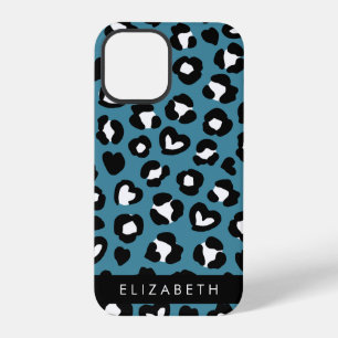 Coque iPhone 12 Pro Poster de animal, Léopard Bleu, Coeurs, Votre Nom