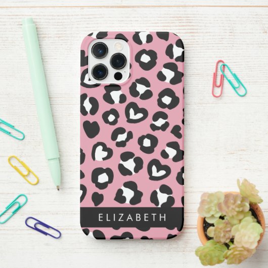 Coque iPhone 12 Pro Poster de animal, Léopard Rose, Coeurs, Votre Nom (Sur le bureau)