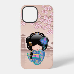 Coque iPhone 12 Pro Poupée Kokeshi Keiko - Fille Geisha en Kimono Bleu