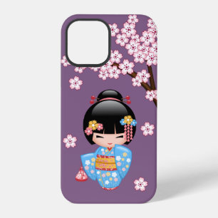 Coque iPhone 12 Pro Poupée Maiko Kokeshi - Fille Geisha en Kimono Bleu