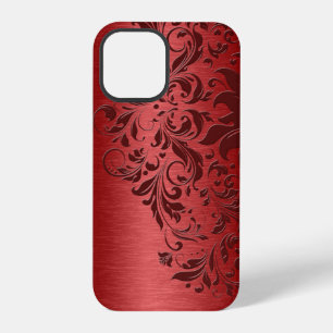 Coque iPhone 12 Pro Rouge métallisé Aluminium brossé et dentelle rouge