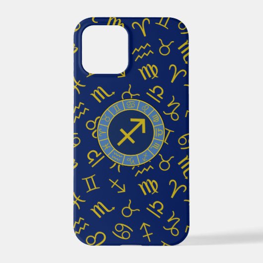 Coque iPhone 12 Pro Sagittarius Zodiac+Astrology Symbols Ptn Gld+Blues (Verso)