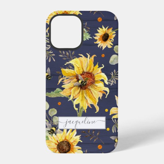 Coque iPhone 12 Pro Scripts rustiques de la Sunflower Navy sur le bois (Verso)
