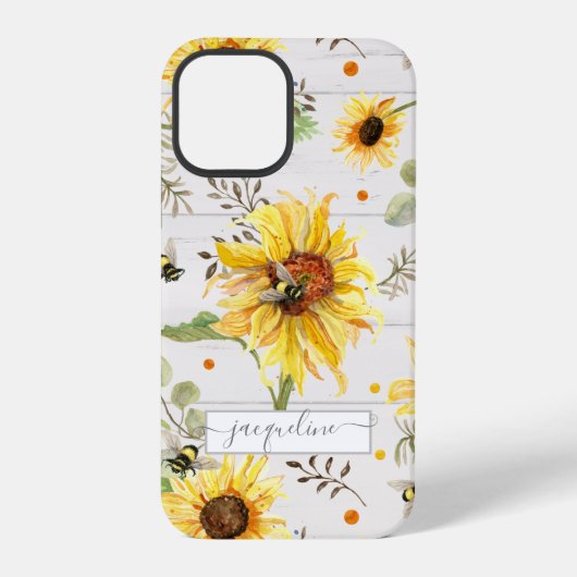 Coque iPhone 12 Pro Tournesol Gris Jaune Bourdon Écriture Rustique (Verso)