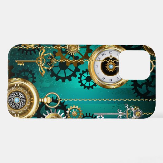 Coque iPhone 12 Pro Veille bijoux Steampunk sur un Arrière - plan vert (Verso Horizontal)
