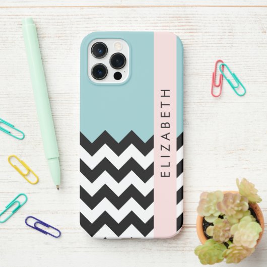 Coque iPhone 12 Pro Zigzag noir et blanc, Chevron, Bleu, Votre nom (Sur le bureau)