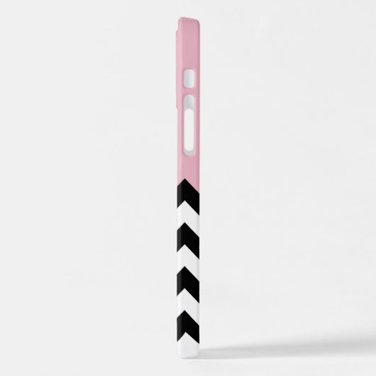 Coque iPhone 12 Pro Zigzag noir et blanc, Chevron, rose, Votre nom (Côté gauche)
