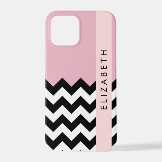 Coque iPhone 12 Pro Zigzag noir et blanc, Chevron, rose, Votre nom (Verso)