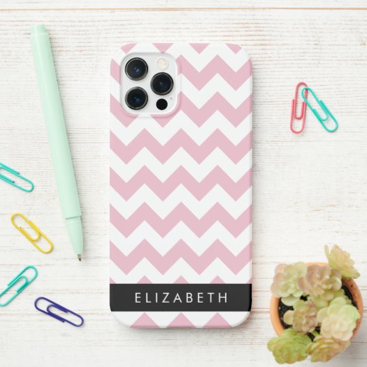 Coque iPhone 12 Pro Zigzag Rose, Chevron Rose, Motif Vague, Votre Nom (Sur le bureau)