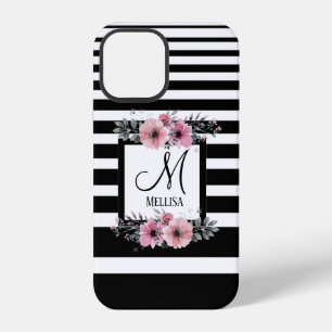 Coque iPhone 12 Rayures noires et blanches Monogramme floral rose