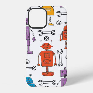 Coque iPhone 12 Robots gribouillés mignons. Motif sans couture. Pe