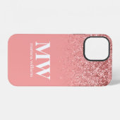Coque iPhone 12 Rose Gold Pailleté Élégant Script Monogrammé (Verso Horizontal)