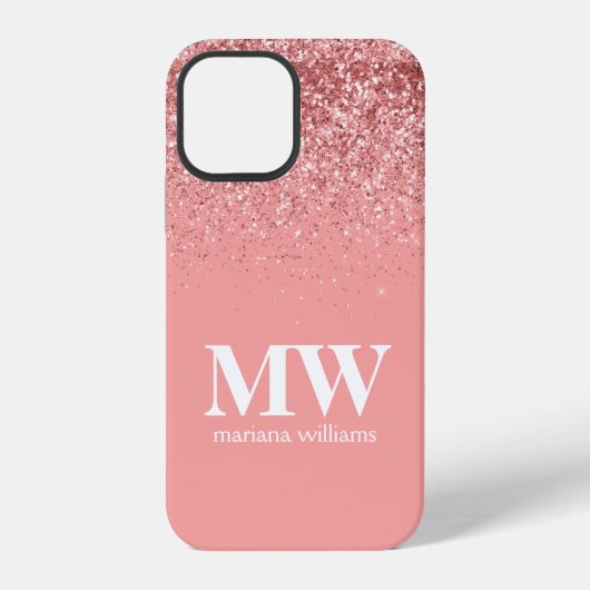 Coque iPhone 12 Rose Gold Pailleté Élégant Script Monogrammé (Verso)