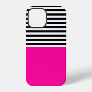 Coque iPhone 12 Rose néon avec rayures noires et blanches