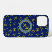 Coque iPhone 12 Sagittarius Zodiac+Astrology Symbols Ptn Gld+Blues (Verso Horizontal)