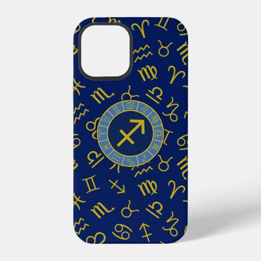 Coque iPhone 12 Sagittarius Zodiac+Astrology Symbols Ptn Gld+Blues (Verso)