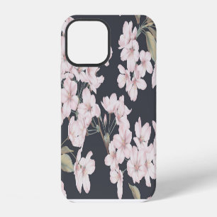 Coque iPhone 12 Sakura floral, gris foncé, motif transparent.