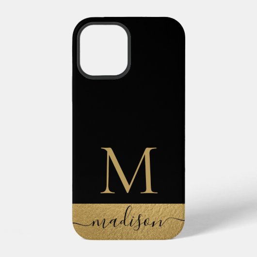 Coque iPhone 12 Script féminin Black Gold moderne Monogramme (Verso)