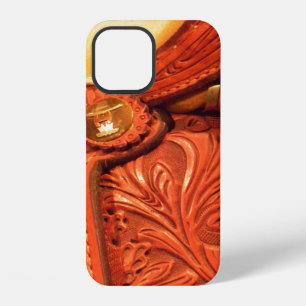 Coque iPhone 12 Selle de cheval en faux cuir travaillé