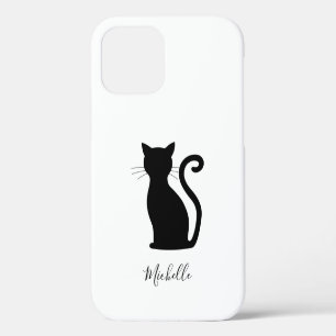 Coque iPhone 12 Silhouette de chat noir et blanc Nom Joli chat noi