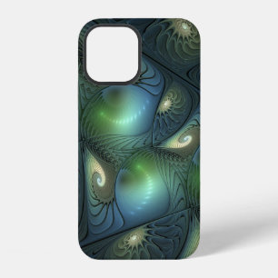Coque iPhone 12 Spirales Vert Sarcelle Beige Art Fractal Abstrait