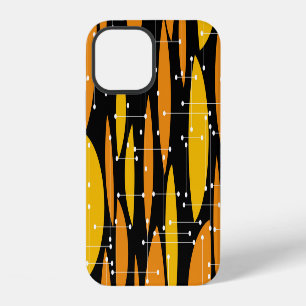 Coque iPhone 12 Style atomique, motif géométrique noir orange.