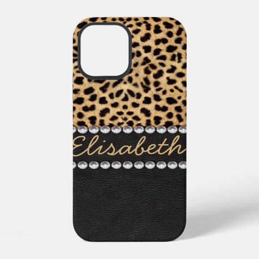 Coque iPhone 12 Tache de léopard Rhinestone Diamants Ajouter Nom (Verso)