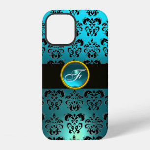 COQUE iPhone 12 TEAL BLEU NOIR DAMAS GEMME PIERRE MONOGRAMME