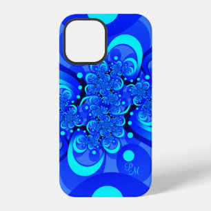 Coque iPhone 12 Teintes bleues, initiales d'art fractal abstrait m