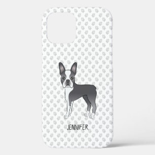 Coque iPhone 12 Terrier de Boston bleu et blanc, chien de dessin a