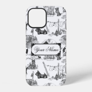 Coque iPhone 12 Térrier Écossais Toile Noir avec Nom Personnalisé
