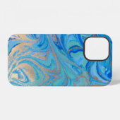 Coque iPhone 12 Texture de liquide bleu et doré (Verso Horizontal)